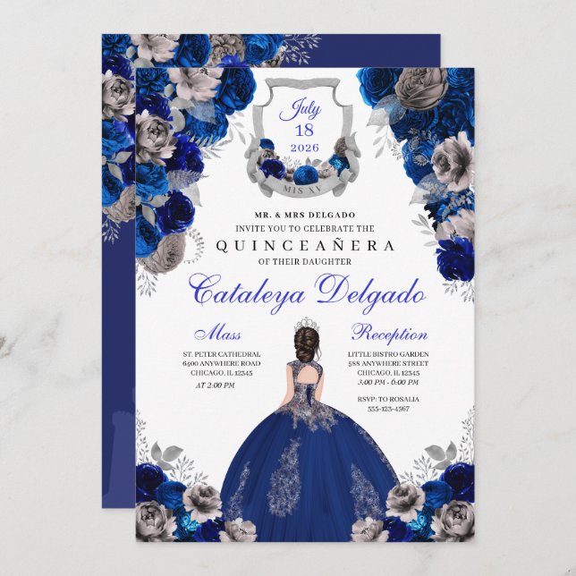 Royal Blue & Silver Floral Elegant Quinceañera Invitation (Front/Back)