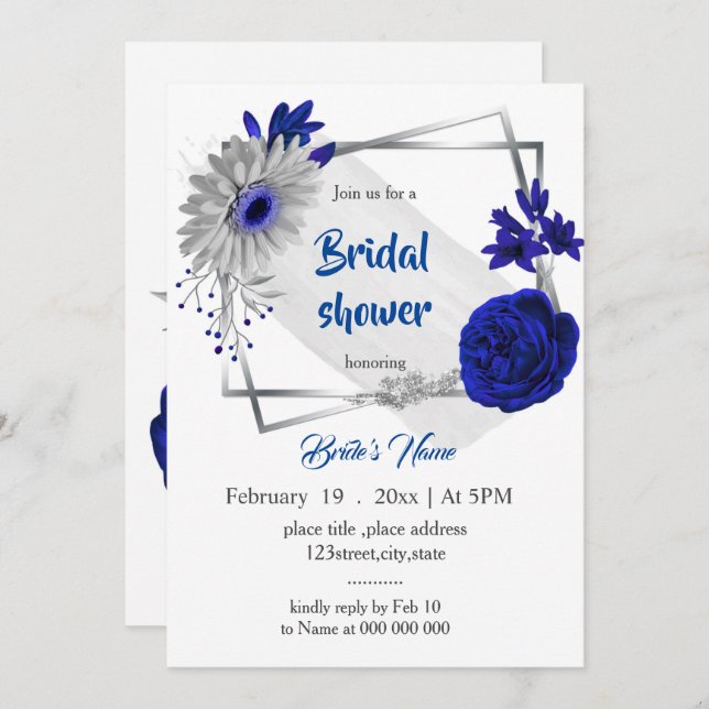 royal blue silver floral geometric bridal shower invitation (Front/Back)