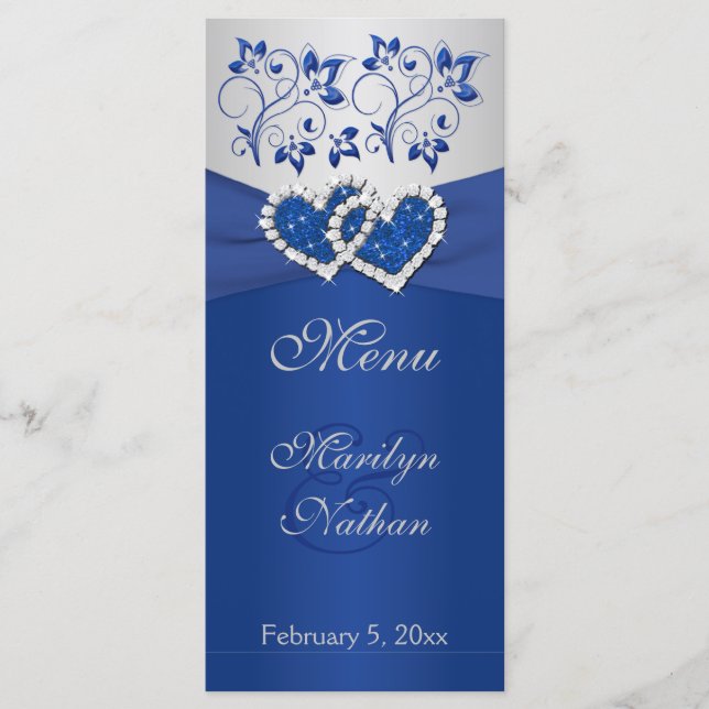 Royal Blue, Silver Floral Joined Hearts Menu Card (Front)