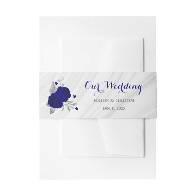 royal blue silver floral marble wedding invitation belly band (Front Example)