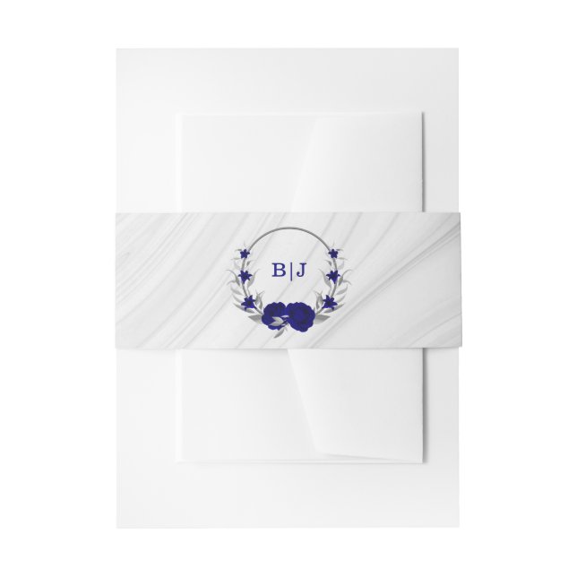 royal blue silver floral marble wedding invitation belly band (Front Example)