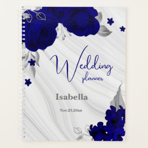 royal blue silver floral marble wedding planner