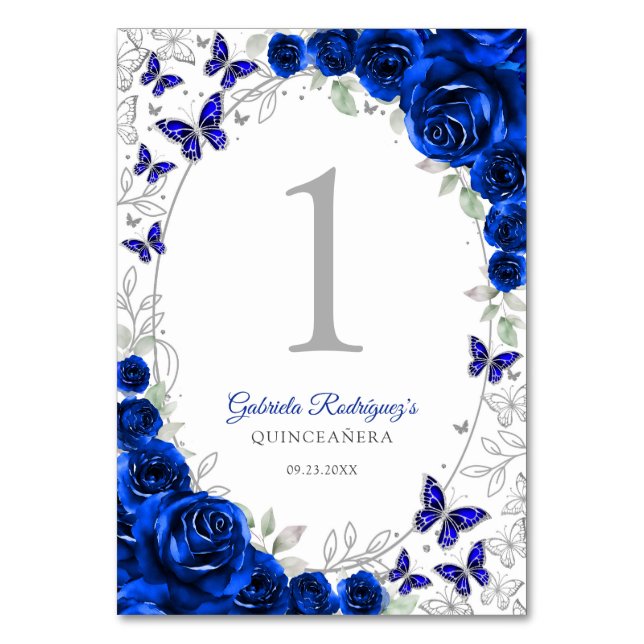 Royal Blue Silver Floral Quinceanera Table Number (Front)