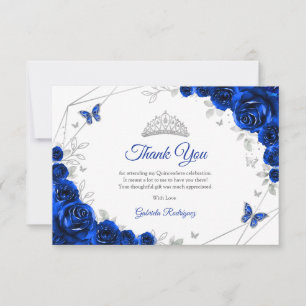 Royal Blue Silver Floral Quinceanera Thank You Card