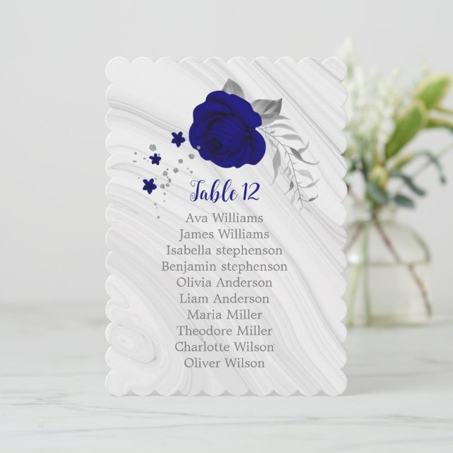 royal blue silver floral seating chart invitation (Standing Front)