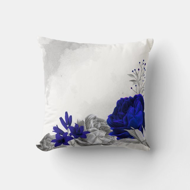 royal blue silver floral  throw pillow (Front)
