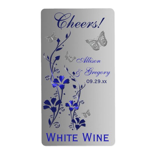 Royal Blue, Silver Floral Wedding Bottle Label 2 Shipping Label