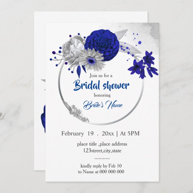 royal blue silver floral wreath bridal shower invitation (Front/Back)