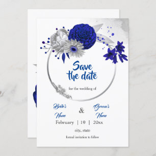 royal blue silver floral wreath save the date invitation