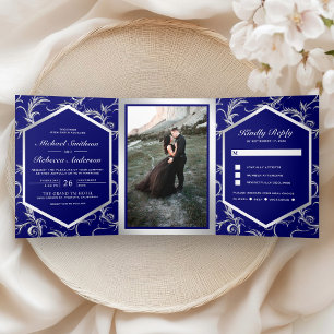 Royal Blue Silver Flourish Swirl Wedding Photo Tri-Fold Invitation