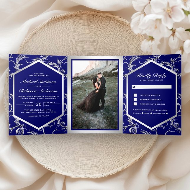 Royal Blue Silver Flourish Swirl Wedding Photo Tri-Fold Invitation (Creator Uploaded)