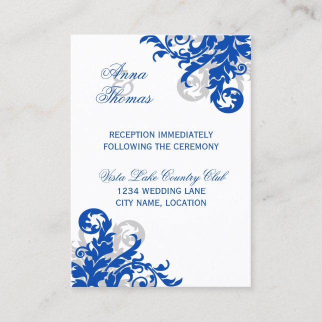 Royal Blue Silver Flourish Wedding Reception Enclosure Card (Front)