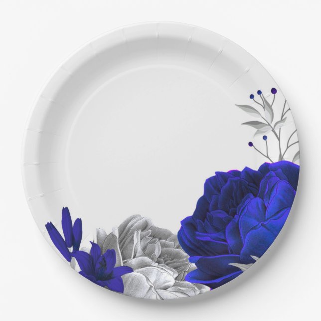 royal blue & silver flowers botanical paper plate (Front)
