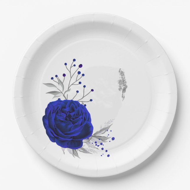royal blue & silver flowers botanical paper plate (Front)