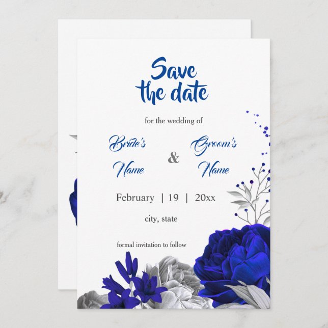 royal blue  silver flowers botanical save the date invitation (Front/Back)