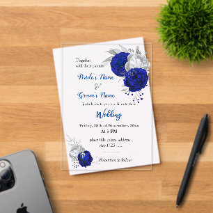 royal blue & silver flowers botanical wedding acrylic invitations