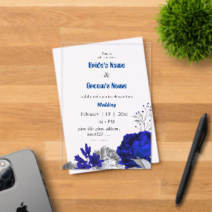 royal blue & silver flowers botanical wedding acrylic invitations