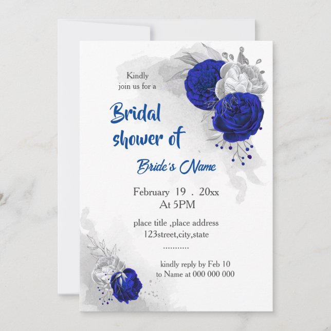 royal blue silver flowers bridal shower invitation (Front)