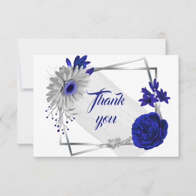 royal blue silver flowers geometric thank you card (Front)