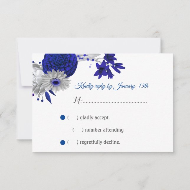 royal blue & silver flowers RSVP card (Front)