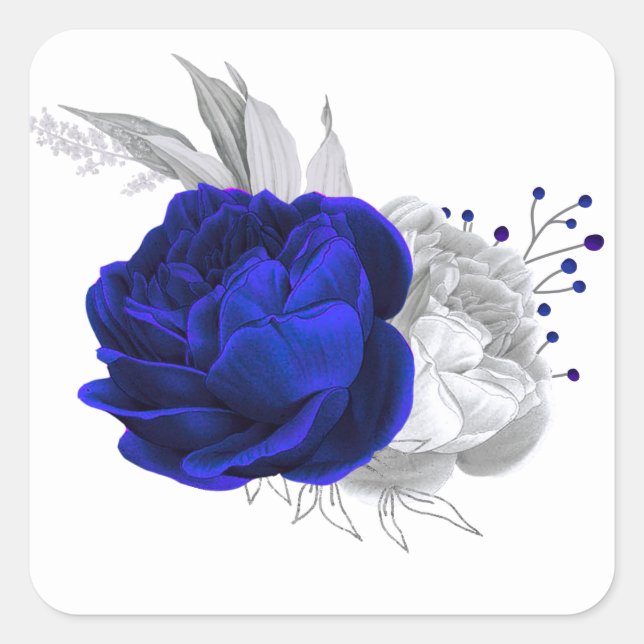 royal blue & silver flowers white square sticker (Front)