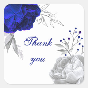 royal blue & silver flowers white thank you square sticker