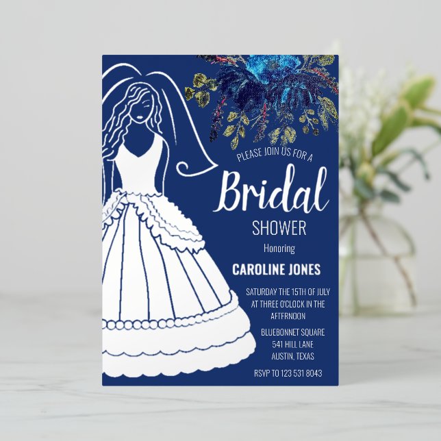 Royal Blue Silver Foil Floral Dress Bridal Shower (Standing Front)