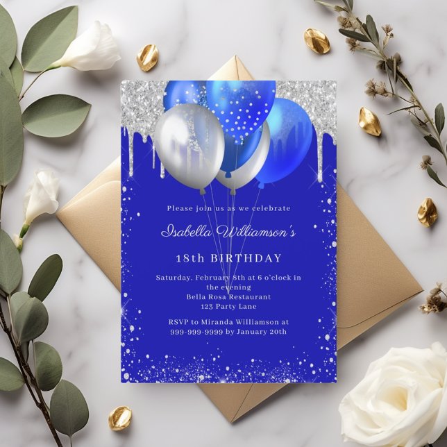 Royal blue silver glitter balloons birthday invitation (Creator Uploaded)