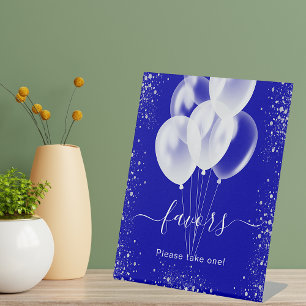 Royal blue silver glitter balloons favours guest pedestal sign
