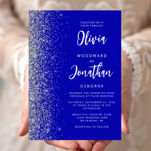Royal Blue Silver Glitter Calligraphy Wedding Invitation