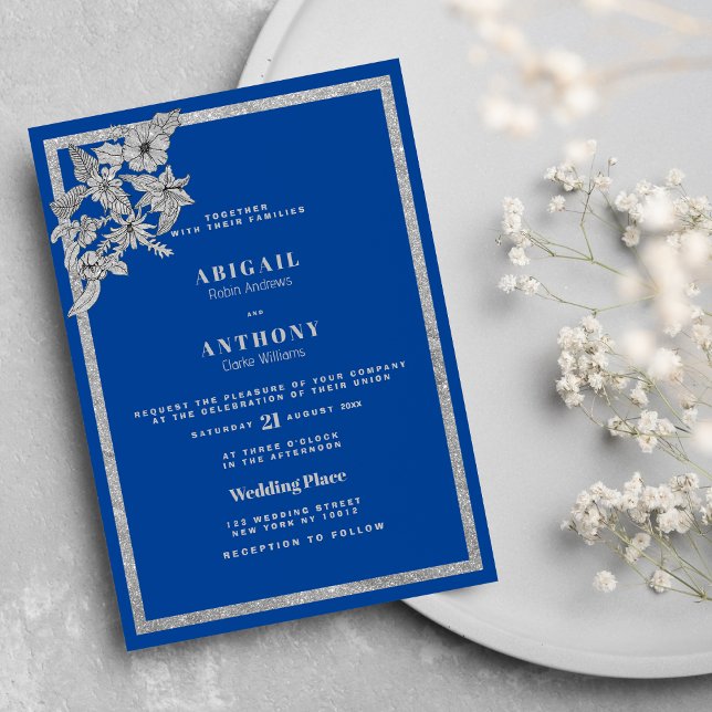 Royal Blue Silver Glitter Floral Stylish Wedding Invitation (Royal Blue Silver Glitter Floral Stylish Wedding Invitation )