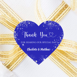 Royal blue silver glitter heart thank you wedding sticker