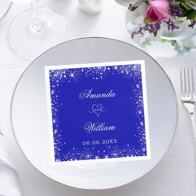 Royal blue silver glitter names heart wedding napkin (Creator Uploaded)