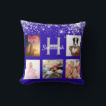Royal blue silver glitter photo collage name cushion<br><div class="desc">A unique gift for a birthday, Christmas, mother's day, celebrating her life with a collage of 5 of your own photos, pictures. Personalise and add her name and monogram letter. A trendy royal blue background. Decorated with faux silver glitter dust. Grey and white letters. The name is written with a...</div>