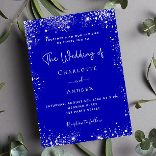Royal blue silver glitter QR code RSVP wedding Invitation