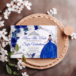 Royal Blue Silver Glitter Quinceañera Princess Save The Date