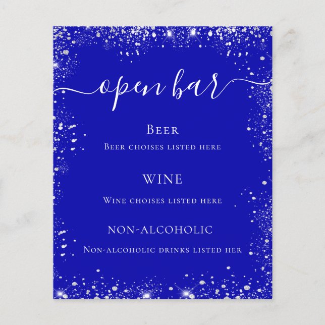 Royal blue silver glitter wedding bar menu (Front)