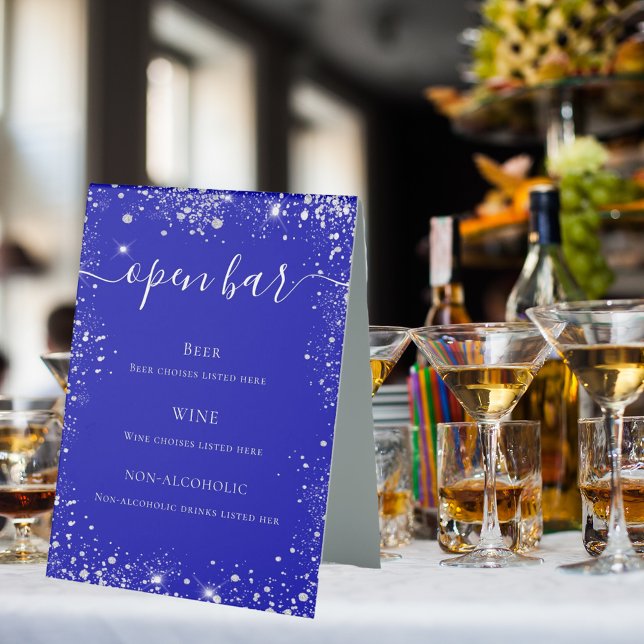 Royal blue silver glitter wedding bar menu (Creator Uploaded)
