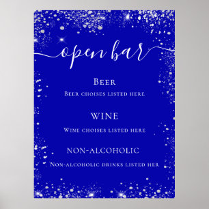 Royal blue silver glitter wedding bar menu poster