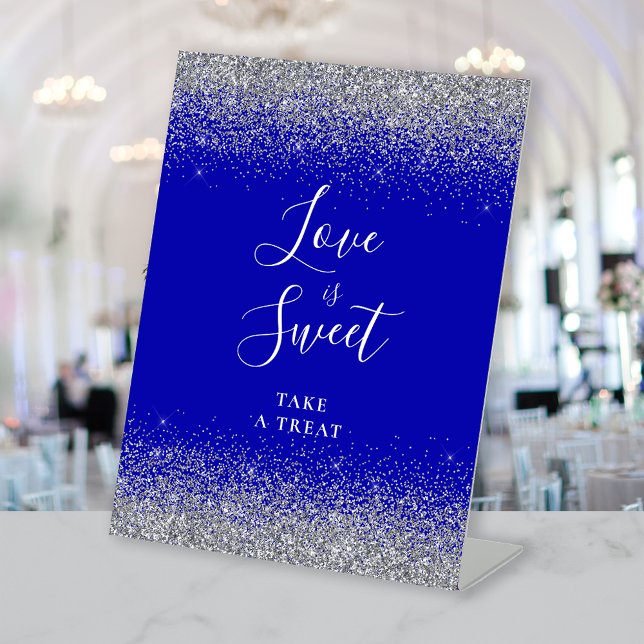 Royal Blue Silver Glitter Wedding Love Is Sweet Pedestal Sign (Creator Uploaded)