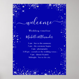 Royal blue silver glitter wedding program timeline poster