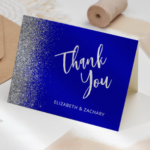 Royal Blue Silver Glitter Wedding Thank You Card