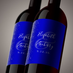 Royal Blue Silver Glitter Wedding Wine Label