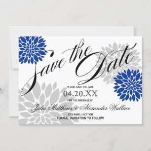 Royal Blue Silver-Grey Burst Script Save The Date