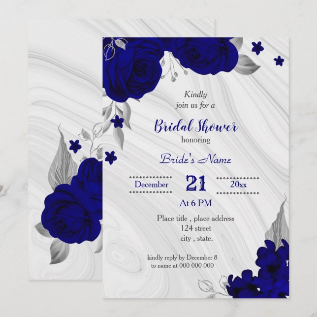 royal blue silver grey floral bridal shower invitation (Front/Back)