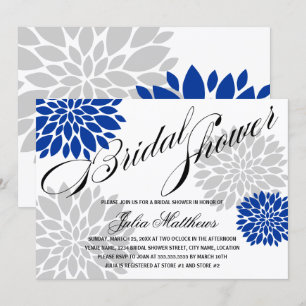 Royal Blue Silver-Grey Floral Burst Bridal Shower Invitation