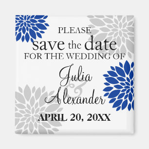 Royal Blue Silver-Grey Floral Burst Save The Date Magnet