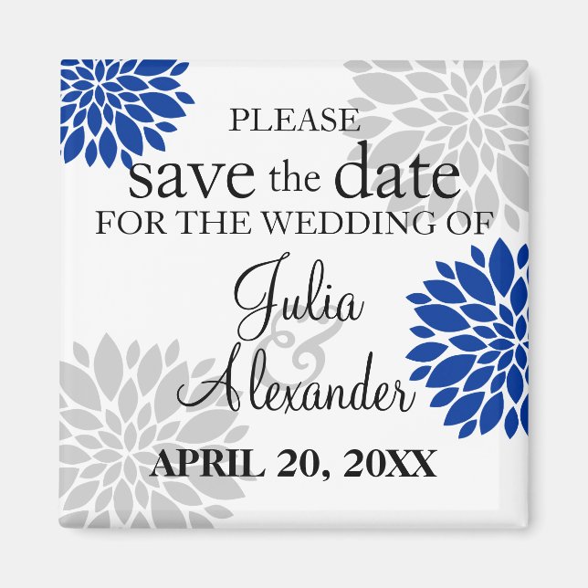 Royal Blue Silver-Grey Floral Burst Save The Date Magnet (Front)