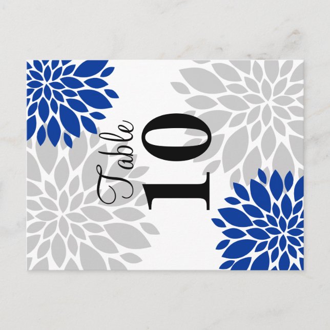 Royal Blue Silver-Grey Floral Burst Table Number Postcard (Front)
