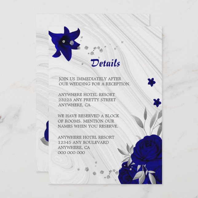royal blue silver grey floral marble details enclosure card (Front/Back)